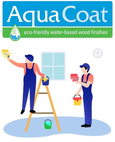 Aqua Coat blue logo with white text and a cartoon image of two men painting, one on a ladder and one holding supplies