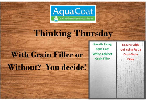 wood background with the text "Thinking Thursday - With Grain Filler or without? You decide" with the Aqua Coat Logo on top