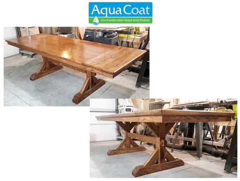 two photos of a newly refinished wood table with the aqua coat logo