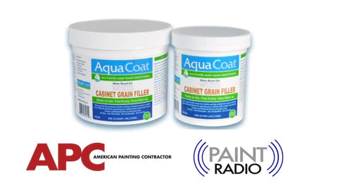 Aqua Coat Grain filler in a white plastic tub with the APC Paint Radio logo underneath it