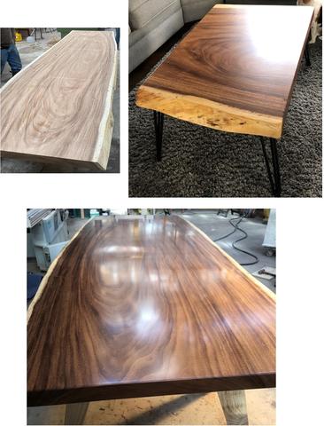 three photo colleague of a table before and after staining with rough edges