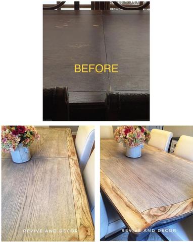 before and after photo colleague of a black farm table stripped and refinished using Aqua Coat grain filler
