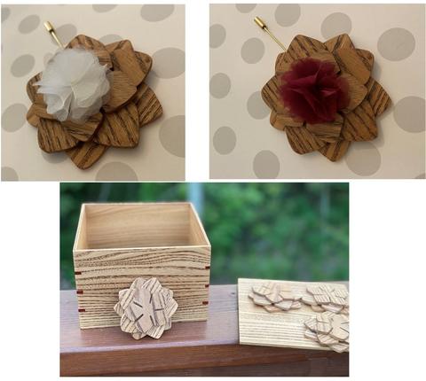 wood Boutonnieres with white and red flowers and a box in the same wood tone