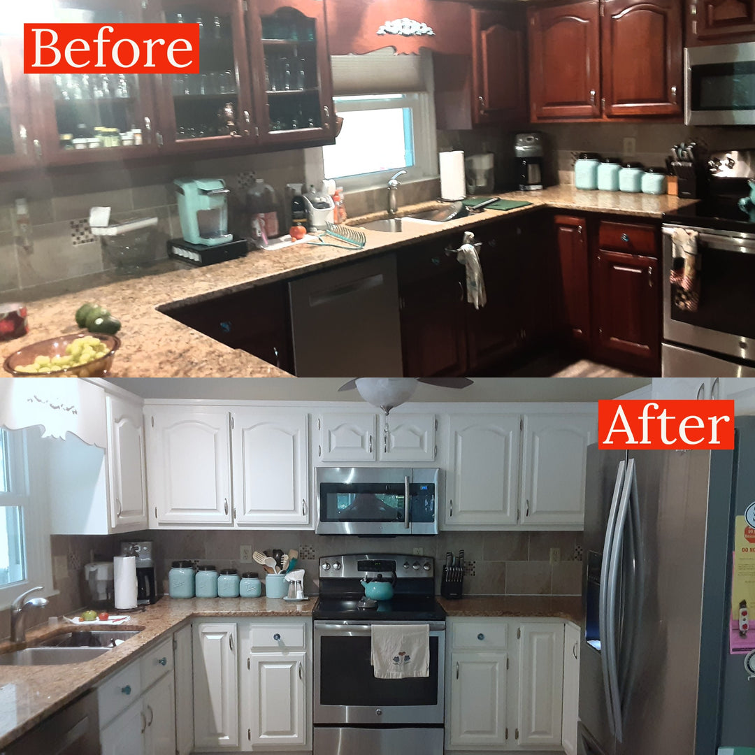 before and after photos of a kitchen with dark wood cabinets refinished in white with stainless steel appliances