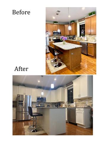 before and after images of a kitchen with wood cabinets refinished in white with stainless steel appliances and a large island in the middle