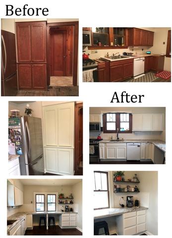 before and after photo colleague of a kitchen with dark cabinets before and white cabinets after