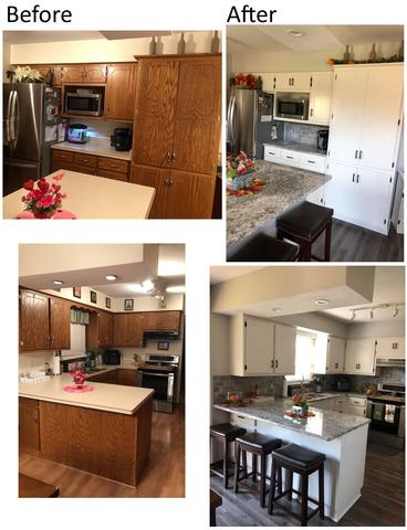 before and after photos of a kitchen remodel with repainted white cabinets and an island in the middle