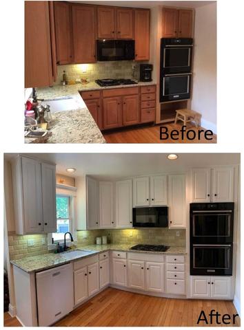 before and after photos of a kitchen with dark wood cabinets refinished in white with marble countertops wood flooring and black appliances