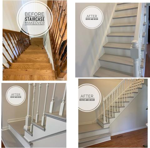 four photo colleague of a set of wooden stairs refinished with white paint