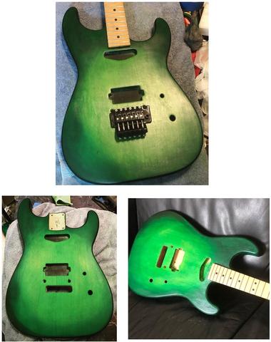 Photo colleague of three pictures of a green painted guitar before it is strung