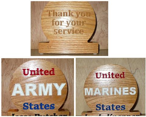 three Wood plaques lazer engraved with thank you for your service, united states army, and united states marines