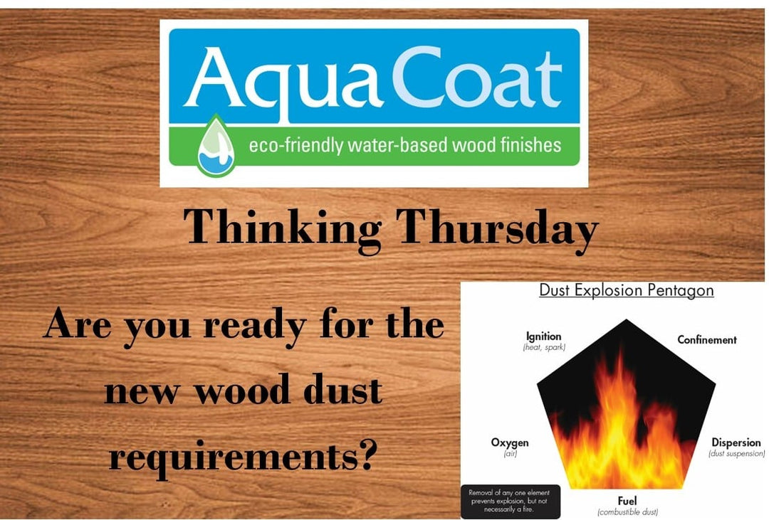 wood background with the text 'Thinking Thursday - Are you ready for the new wood dust requirements?' and the aqua coat logo on top and a chart showing wood dust combustibility 