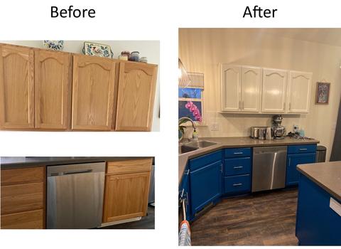 before and after photos of wooden kitchen cabinets refinished in white upper cabinets and blue lower cabinets and stainless steel appliances