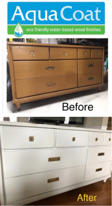 before and after photos of a wood dresser refinished in white and the aqua coat logo on top