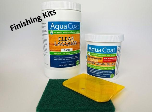 Aqua Coat Wood finishing kit including clear lacquer, grain filler, sanding sponge and squeegee