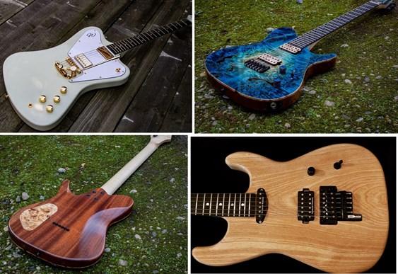 four photo colleague of guitars top left is white top right is blue bottom left is a dark wood grain and bottom right is a light wood grain